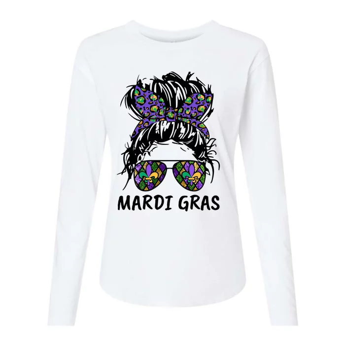 Messy Bun Hair Glasses New Orleans Carnival Mardi Gras Mama Womens Cotton Relaxed Long Sleeve T-Shirt