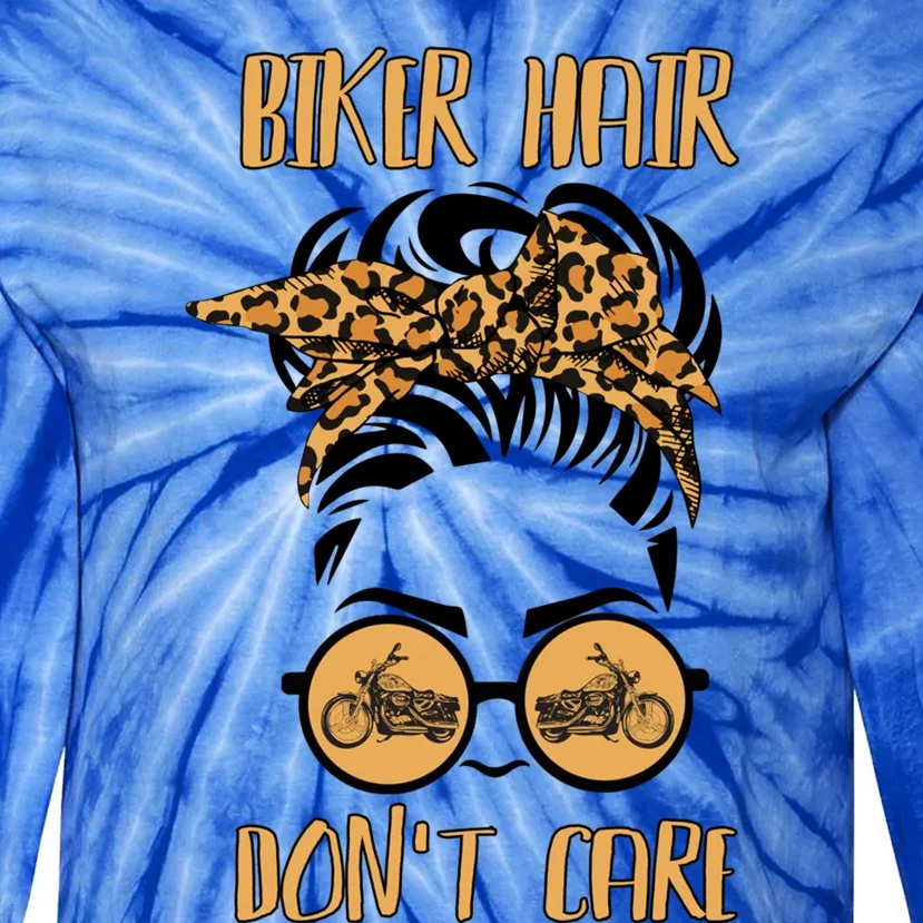 Messy Bun Hair Leopard Bandana Biker Hair Don't Care Rider Gift Tie-Dye Long Sleeve Shirt