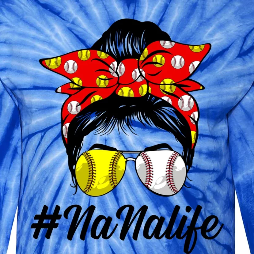 Messy Bun Hair Nana Life Softball Baseball Love Mother's Day Gift Tie-Dye Long Sleeve Shirt