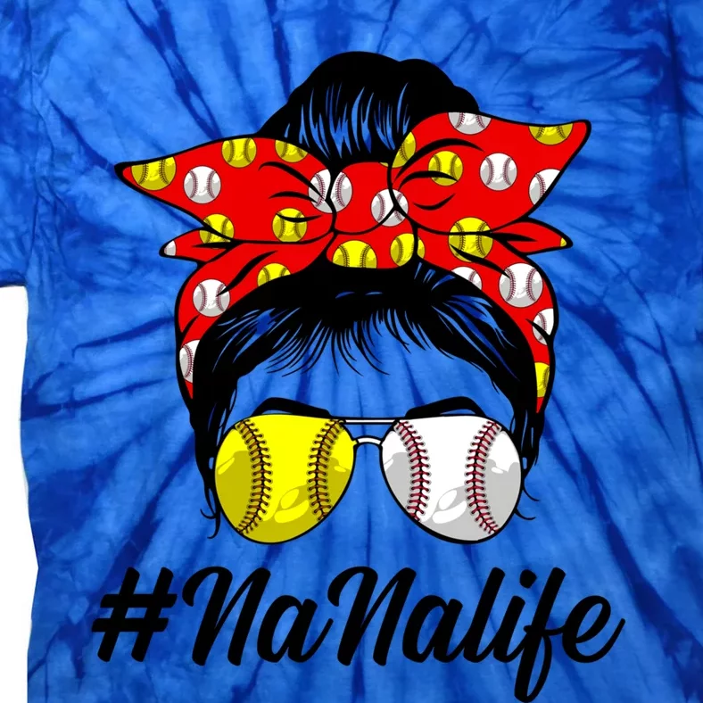 Messy Bun Hair Nana Life Softball Baseball Love Mother's Day Gift Tie-Dye T-Shirt