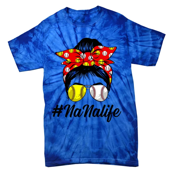 Messy Bun Hair Nana Life Softball Baseball Love Mother's Day Gift Tie-Dye T-Shirt