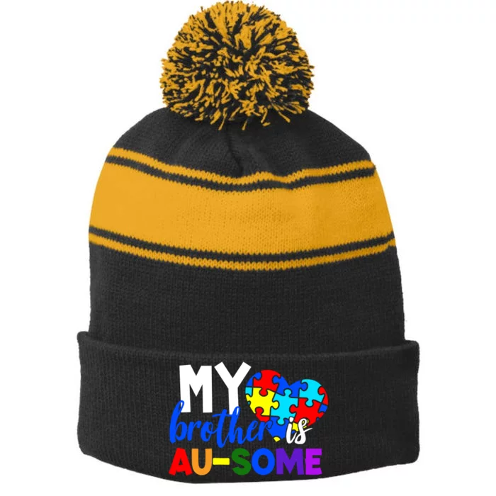 My Brother Is Ausome Autism Awareness Stripe Pom Pom Beanie