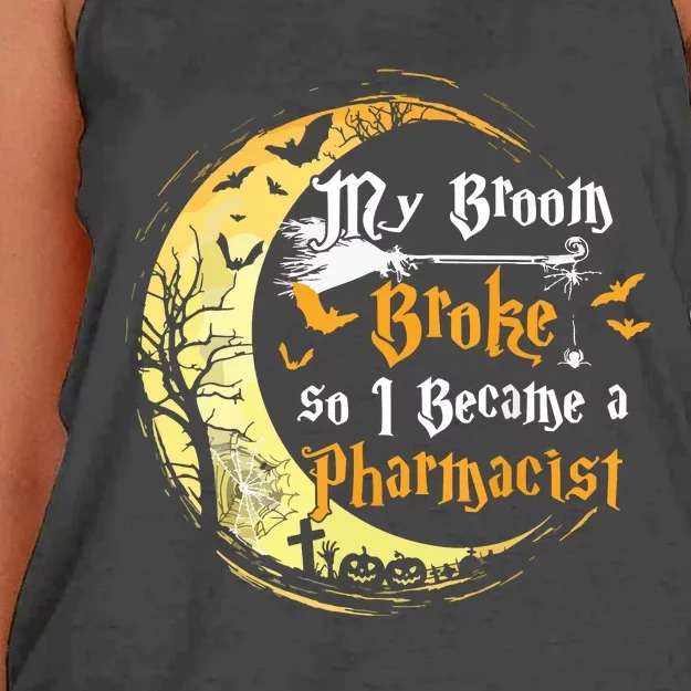 My Broom Is Broke So I Became A Pharmacist Halloween Women's Knotted Racerback Tank