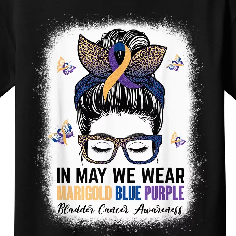 Messy Bun In May We Wear Marigold Blue Purple Bladder Cancer Kids T-Shirt