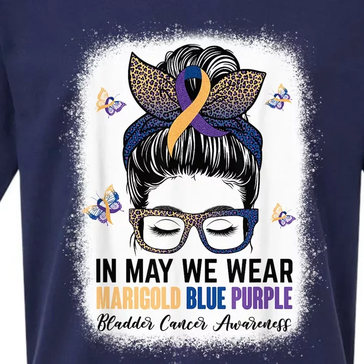 Messy Bun In May We Wear Marigold Blue Purple Bladder Cancer Sueded Cloud Jersey T-Shirt