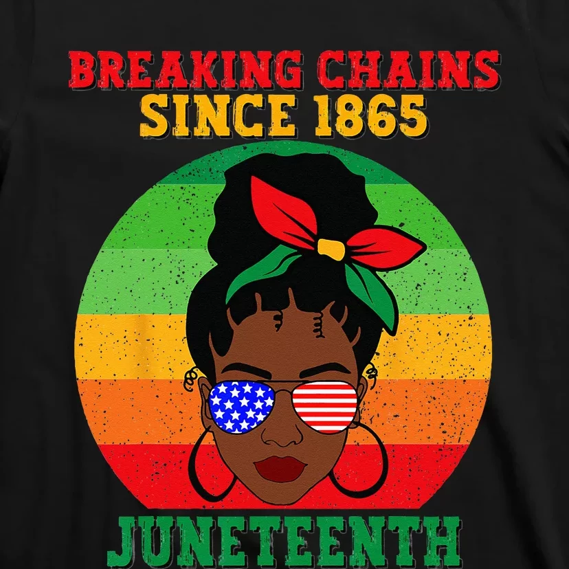 Messy Bun Juneteenth Breaking Chains Bandana Afro Sunglasses T-Shirt