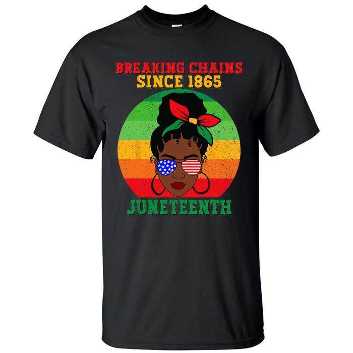 Messy Bun Juneteenth Breaking Chains Bandana Afro Sunglasses Tall T-Shirt