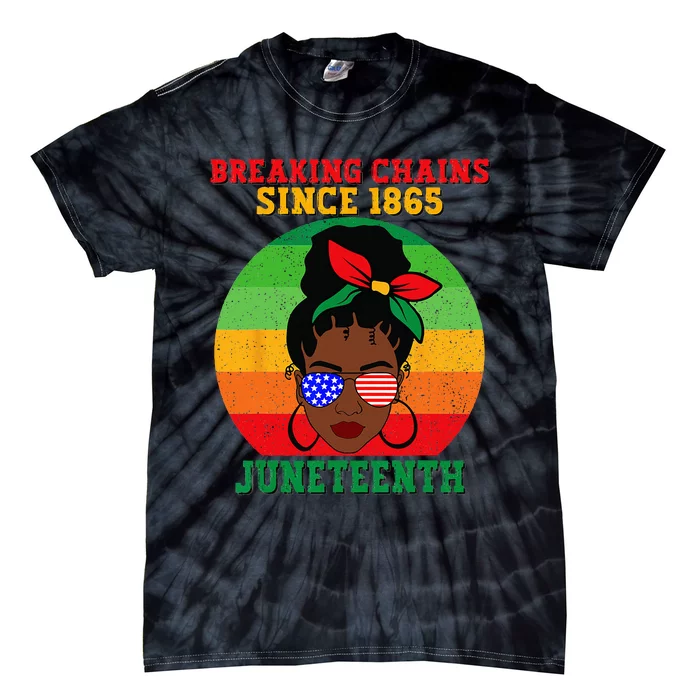 Messy Bun Juneteenth Breaking Chains Bandana Afro Sunglasses Tie-Dye T-Shirt