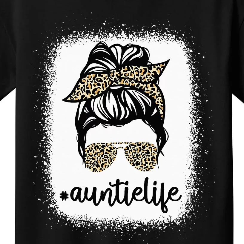 Messy Bun Leopard Auntie Life Mother's Day Kids T-Shirt