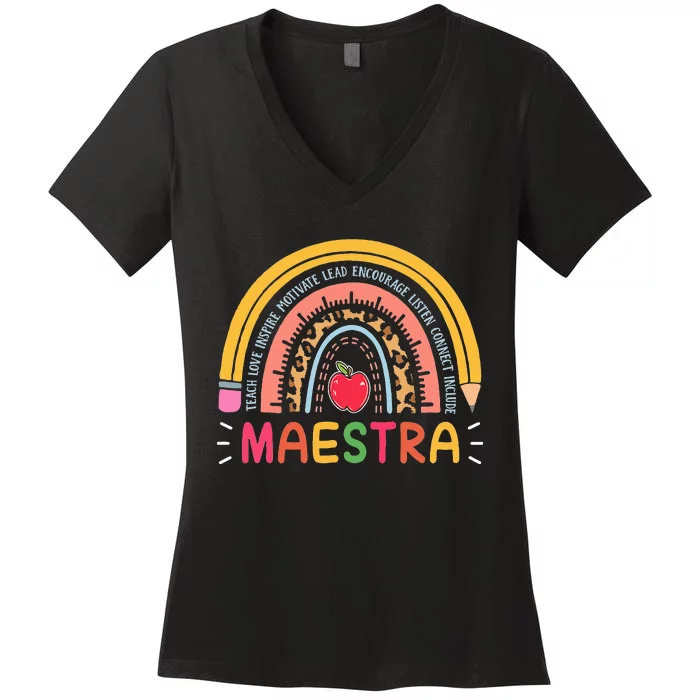 Maestra Bilingual Leopard Rainbow Regalos Spanish Teacher Women's V-Neck T-Shirt