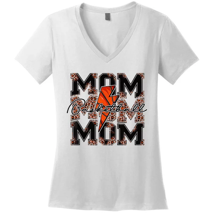 Mom Basketball Leopard Lightning Bolt Mothers Day Softball Women's V-Neck T-Shirt