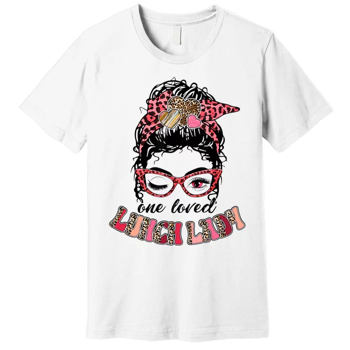 Messy Bun Lunch Lady Leopard Heart Valentine's Day Premium T-Shirt