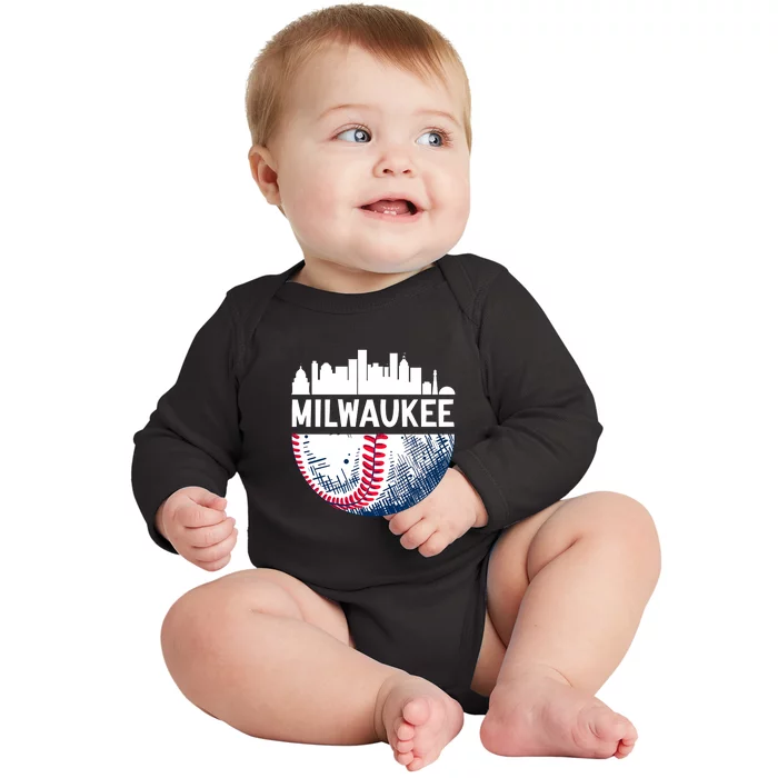 Milwaukee Baseball Lover Baseball Player Retro Sporty Baby Long Sleeve Bodysuit