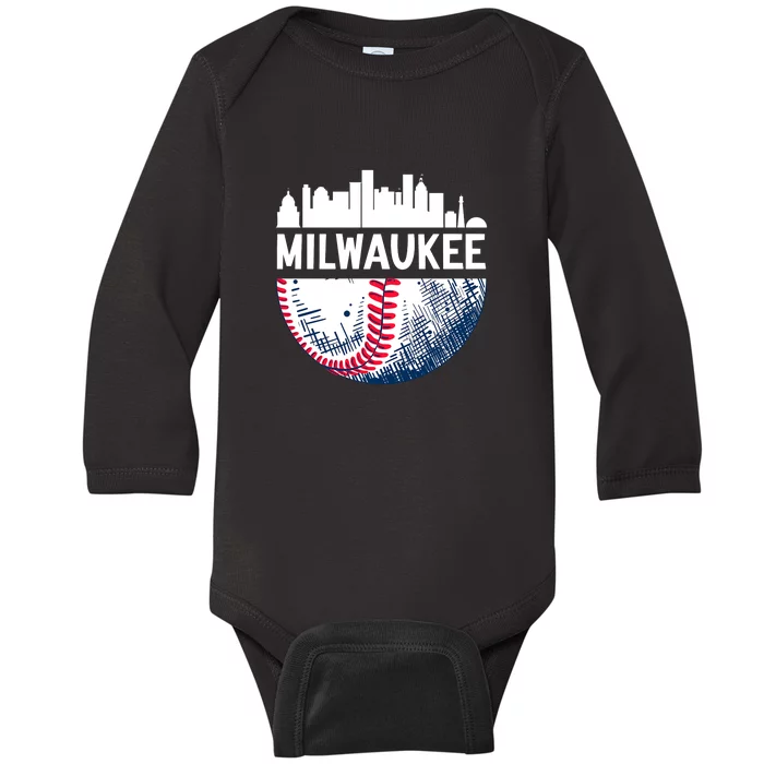 Milwaukee Baseball Lover Baseball Player Retro Sporty Baby Long Sleeve Bodysuit