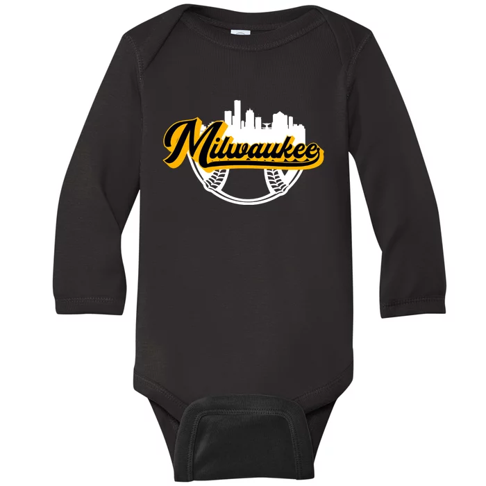 Milwaukee Baseball Lover Baseball Player Retro Sporty Baby Long Sleeve Bodysuit