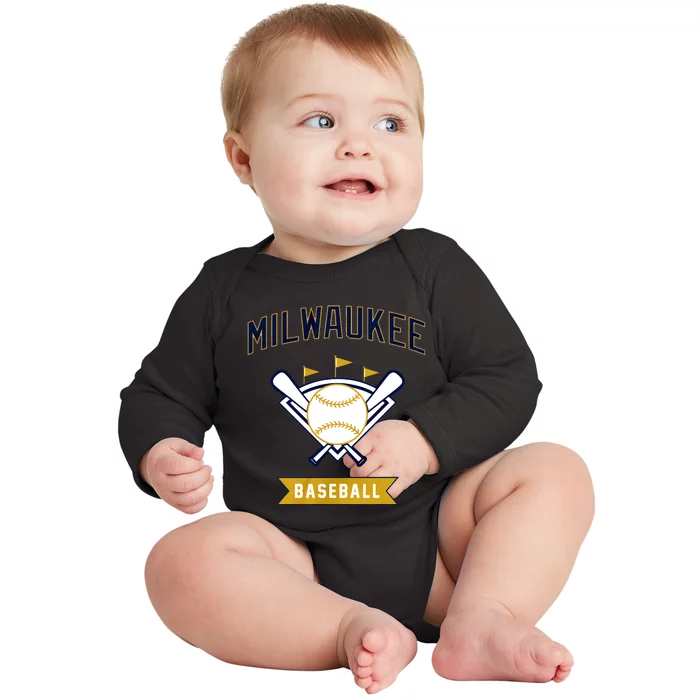 Milwaukee Baseball Lover Baseball Player Retro Sporty Baby Long Sleeve Bodysuit