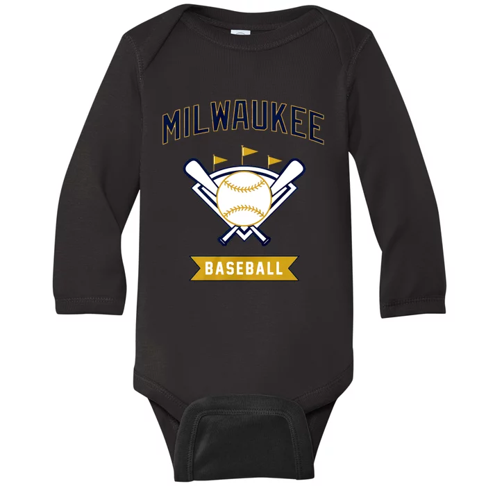 Milwaukee Baseball Lover Baseball Player Retro Sporty Baby Long Sleeve Bodysuit