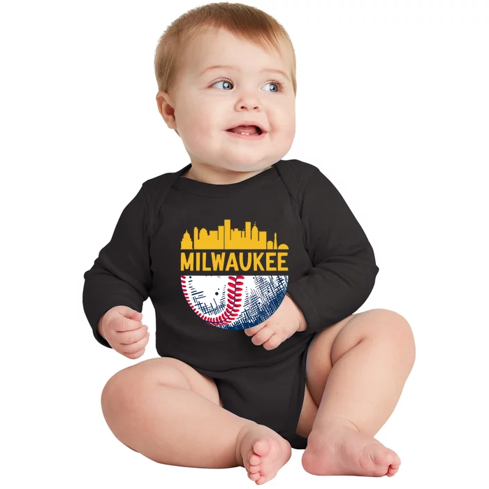 Milwaukee Baseball Lover Baseball Player Retro Sporty Baby Long Sleeve Bodysuit