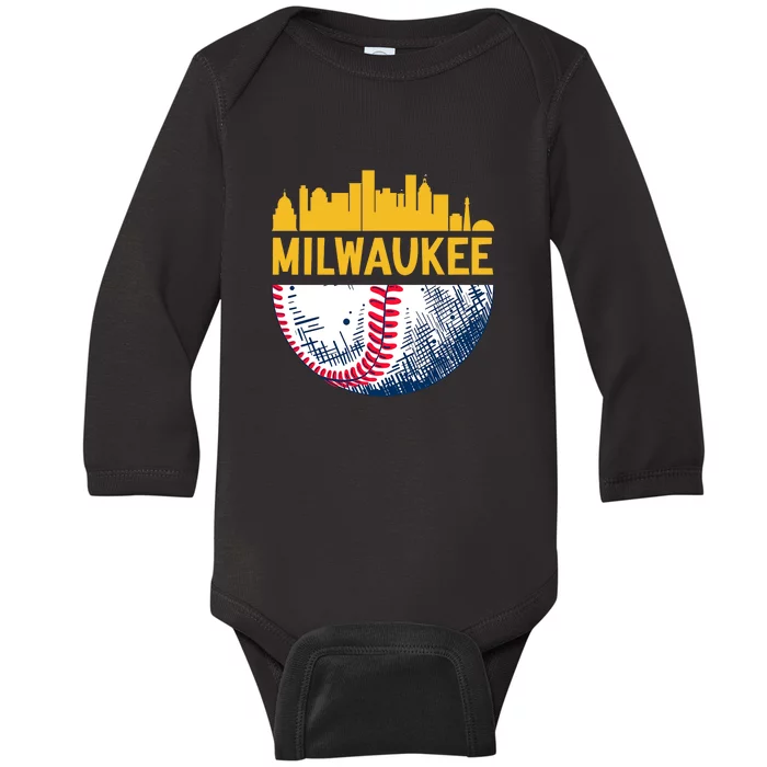 Milwaukee Baseball Lover Baseball Player Retro Sporty Baby Long Sleeve Bodysuit