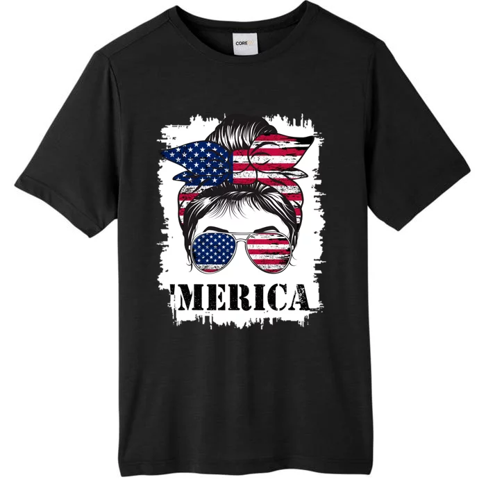 Messy Bun Merica Sunglasses 4th Of July Usa Flag ChromaSoft Performance T-Shirt