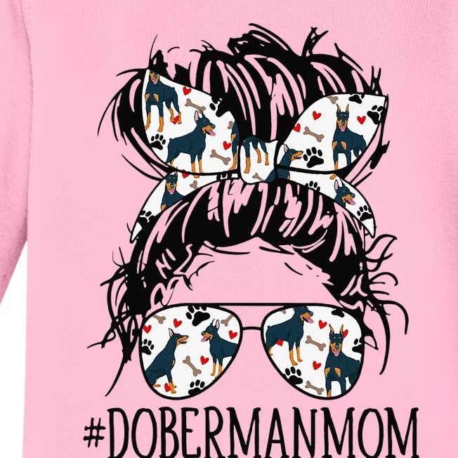 Messy Bun Mom Doberman Mom Sunglasses Funny Dog Baby Long Sleeve Bodysuit