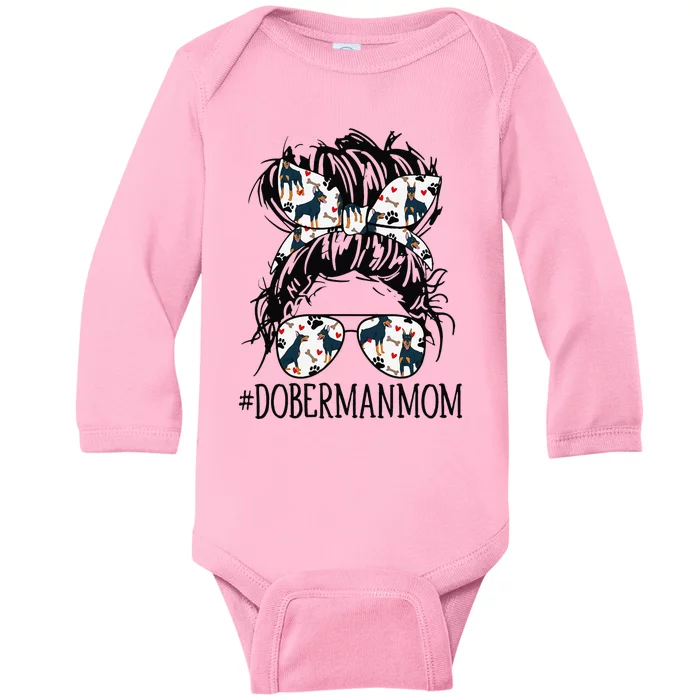 Messy Bun Mom Doberman Mom Sunglasses Funny Dog Baby Long Sleeve Bodysuit