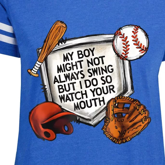 My Boy Might Not Always Swing Watch Your Mouth Front & Back Enza Ladies Jersey Football T-Shirt