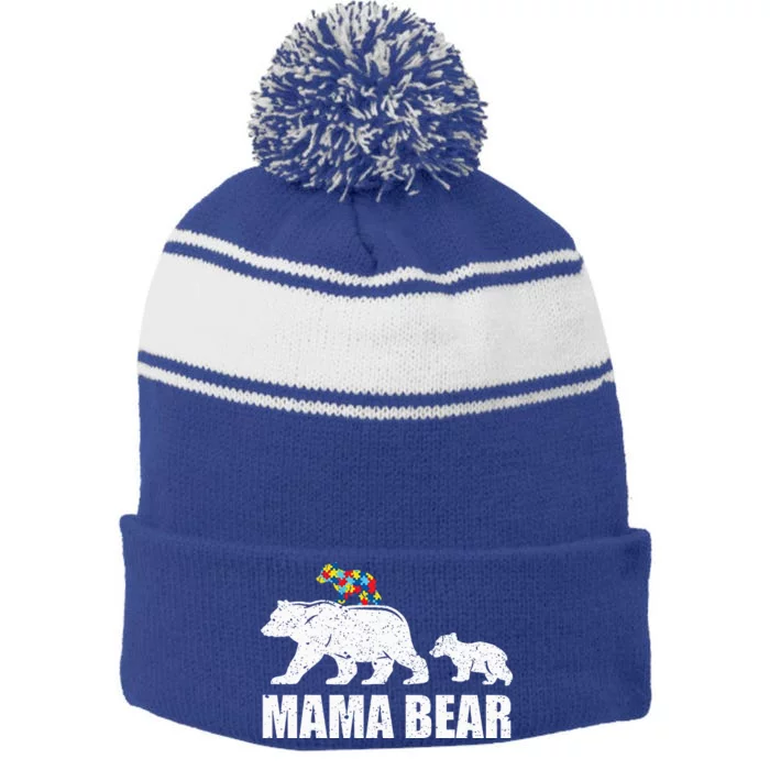 Mama Bear Mom Autistic Child Stripe Pom Pom Beanie