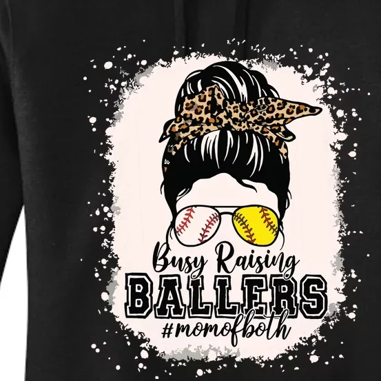 Messy Bun Mom Of Both Baseball Softball Busy Raising Ballers Women's Pullover Hoodie