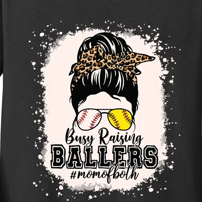 Messy Bun Mom Of Both Baseball Softball Busy Raising Ballers Kids Long Sleeve Shirt