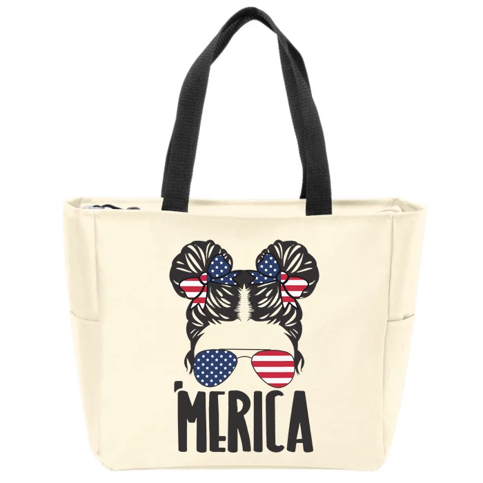 Messy Bun Merica Sunglasses  USA Flag 4th of July Zip Tote Bag