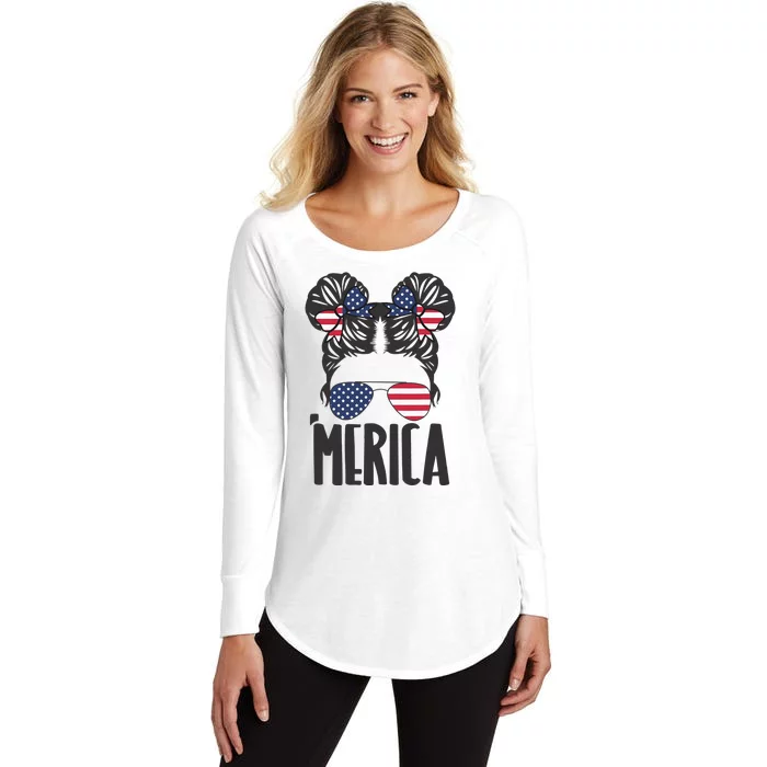 Messy Bun Merica Sunglasses  USA Flag 4th of July Women's Perfect Tri Tunic Long Sleeve Shirt