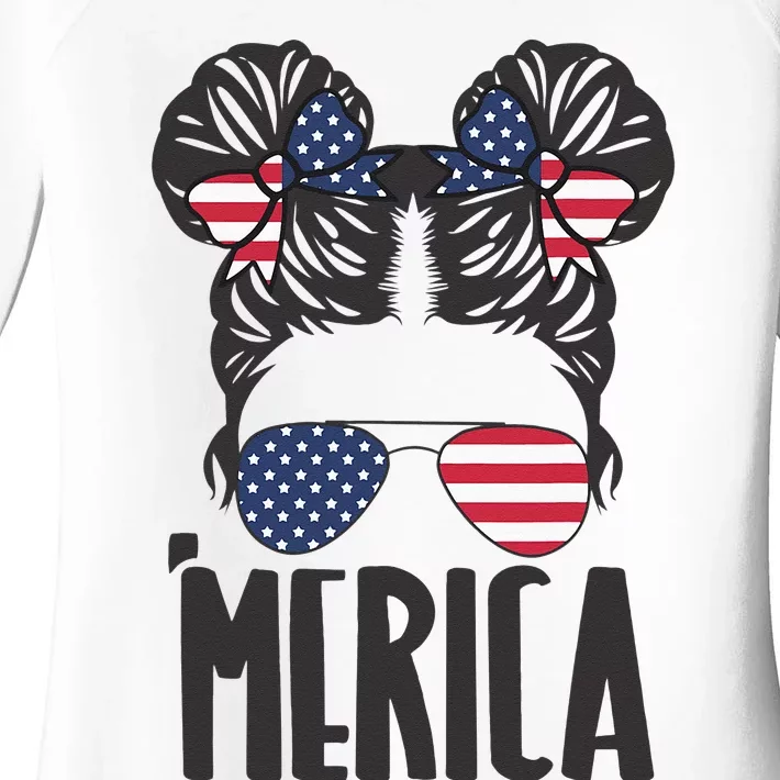 Messy Bun Merica Sunglasses  USA Flag 4th of July Women's Perfect Tri Tunic Long Sleeve Shirt