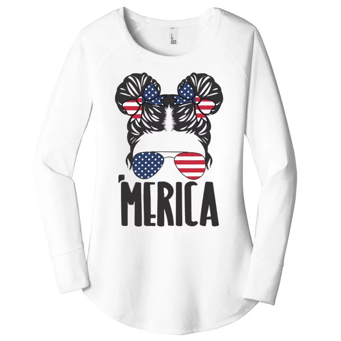 Messy Bun Merica Sunglasses  USA Flag 4th of July Women's Perfect Tri Tunic Long Sleeve Shirt