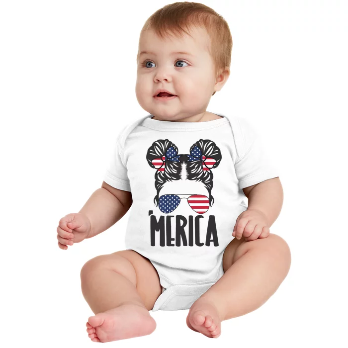 Messy Bun Merica Sunglasses  USA Flag 4th of July Baby Bodysuit