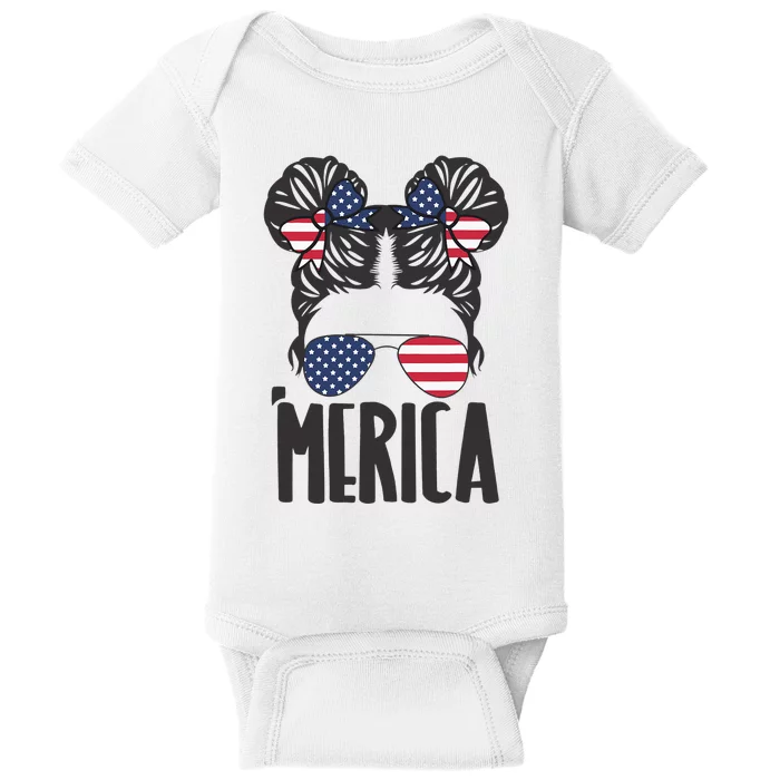 Messy Bun Merica Sunglasses  USA Flag 4th of July Baby Bodysuit