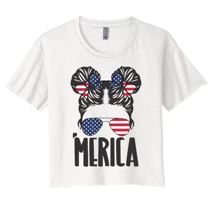 Messy Bun Merica Sunglasses  USA Flag 4th of July Women's Crop Top Tee