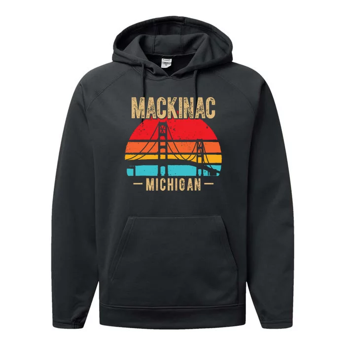 Mackinac Bridge Mackinaw Retro Vintage Michigan Souvenir Performance Fleece Hoodie