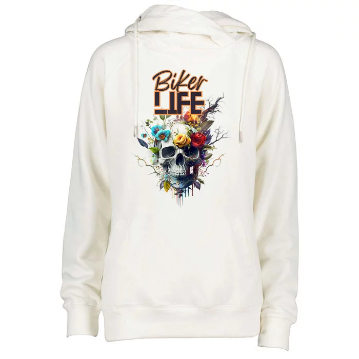 Motorcyclist Biker Motorcycle Skull Design Womens Funnel Neck Pullover Hood