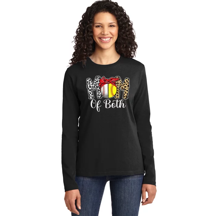 Messy Bun Mom Of Both Baseball Softball Mom Mothers Day Ladies Long Sleeve Shirt