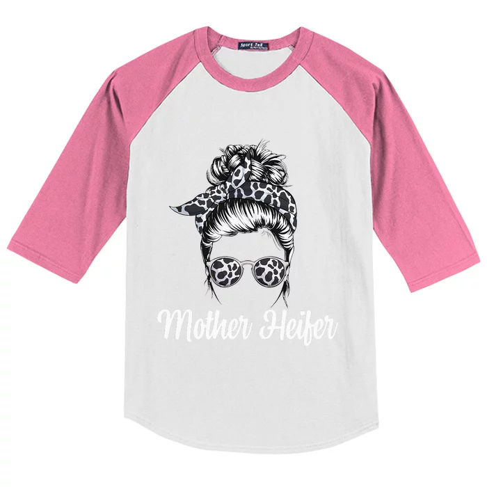 Messy Bun Mother Heifer Farmer Cow Mom Farming Cows Kids Colorblock Raglan Jersey