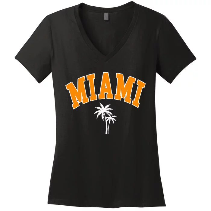 Miami Beach Mia Florida Palm Trees Usa College Font Women's V-Neck T-Shirt