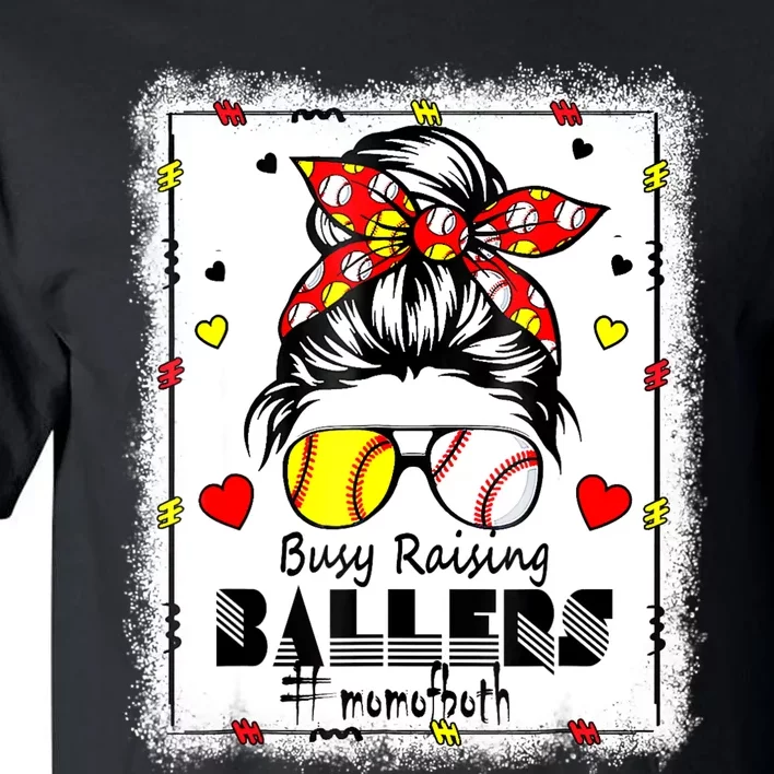 Messy Bun Mom Of Both Baseball Softball Busy Raising Ballers Tall T-Shirt