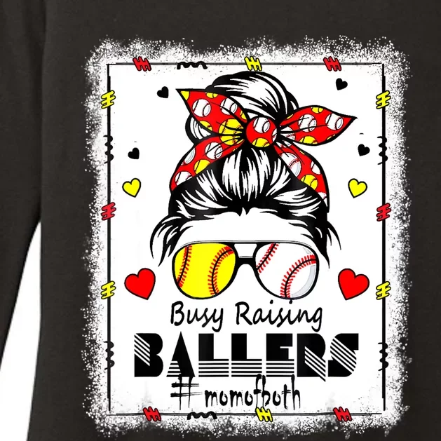 Messy Bun Mom Of Both Baseball Softball Busy Raising Ballers Womens CVC Long Sleeve Shirt