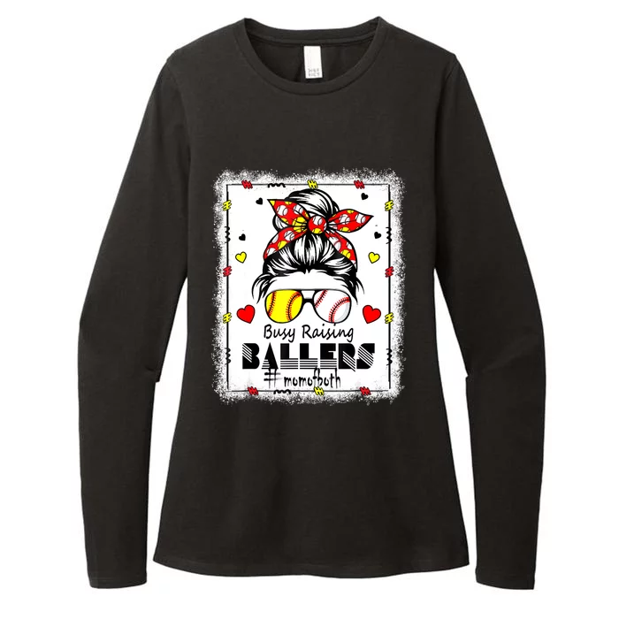 Messy Bun Mom Of Both Baseball Softball Busy Raising Ballers Womens CVC Long Sleeve Shirt