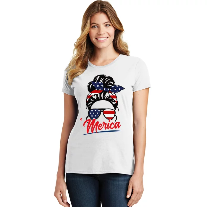 Messy Bun Merica American Flag Patriotic 4th Of July Women's T-Shirt