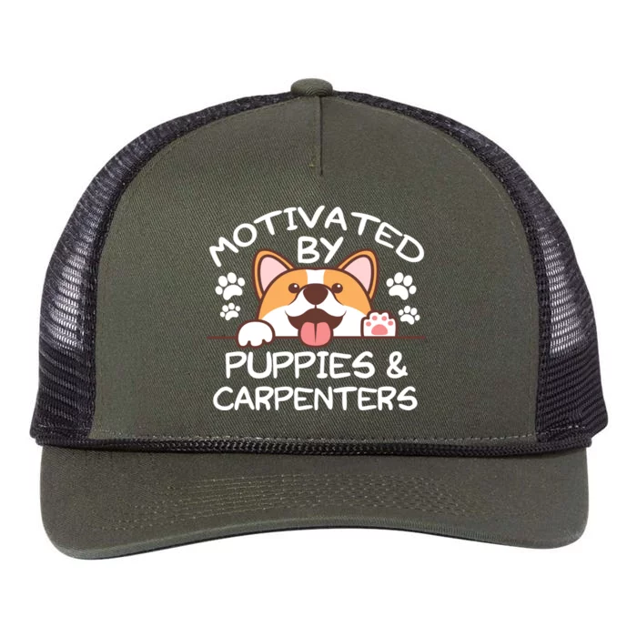 Motivated By Puppies And Carpenters Gift For Carpenters Gift Retro Rope Trucker Hat Cap