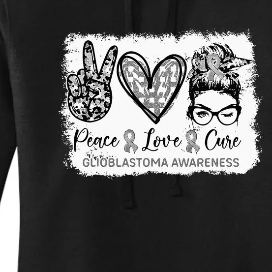 Messy Bun Peace Love Cure Gray Ribbon Glioblastoma Awareness Women's Pullover Hoodie