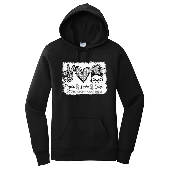 Messy Bun Peace Love Cure Gray Ribbon Glioblastoma Awareness Women's Pullover Hoodie