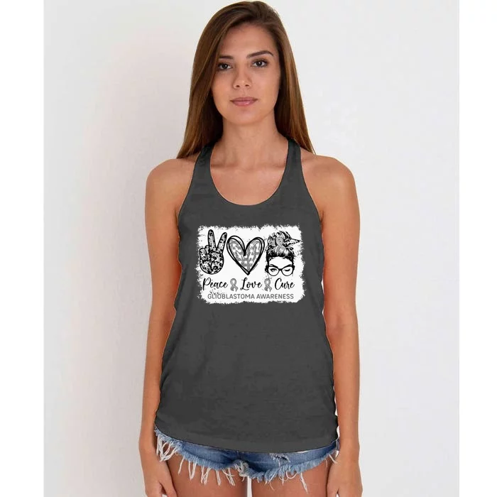 Messy Bun Peace Love Cure Gray Ribbon Glioblastoma Awareness Women's Knotted Racerback Tank